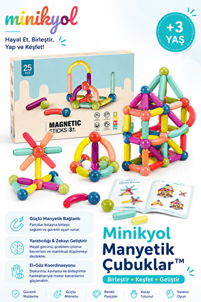 minikyol Manyetik Çubuklar™ 25 Parça Renkli Manyetik Yapı Blokları Zekâ ve Ta...