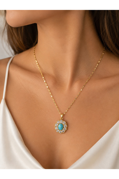 Bymiel Women's Gold Color Turquoise Stone Detailed Zircon Flower Necklace – S...
