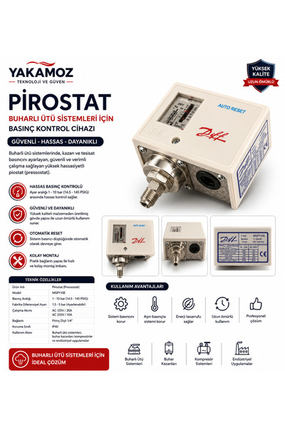YAKAMOZ BUHARLI UTU MAKİNALARI Yakamoz Pirostat (Pressostat) 1-10 Bar | Buhar Kazanı Basınç Şalteri | Otomatik Reset | Buharlı Ütü Sistemleri Uyumlu