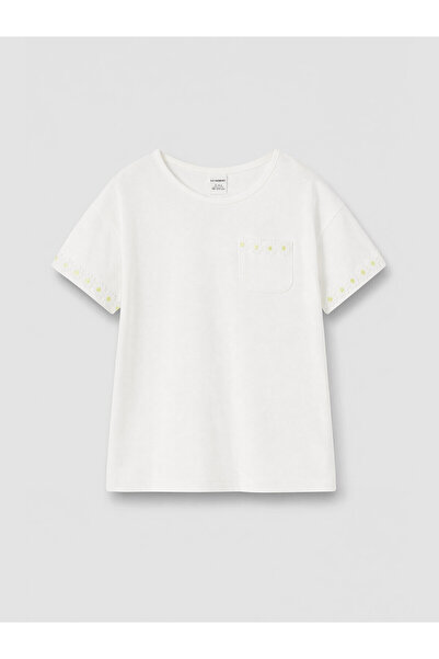 LC Waikiki Original Oval Collar Embroidered Girls' T-Shirt