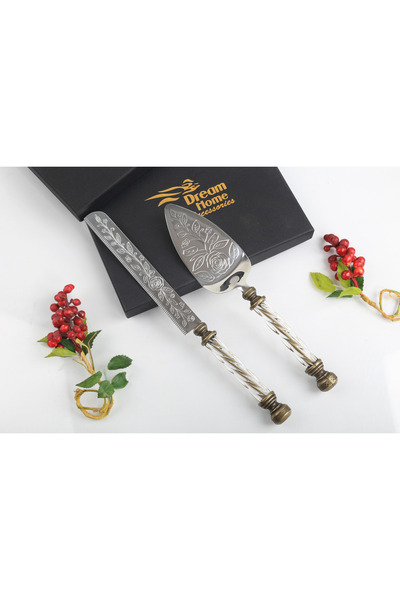 alya home aksesuar Crystal Handle Rose Detailed Cake Serving Set Antique Style