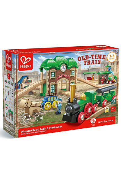 Hape Set tren si gara retro din lemn, Hape, 40 de piese