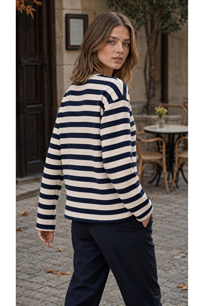 caddekombin Women's Casual Stylish Striped Waffle Crew Neck Sweatshirt