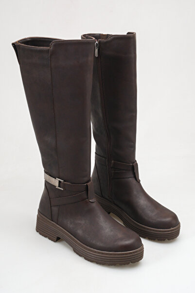 SENASTİL S170 Women's Brown Buckle Detailed Inner Zipper Below the Knee Boots...