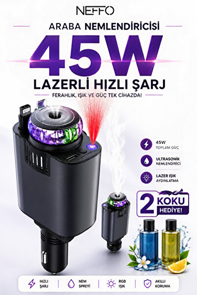 NEFFO 45W Işıklı ve Kokulu Araç Kokusu Şarj Cihazı | Hızlı Şarj | Çakmaklık U...