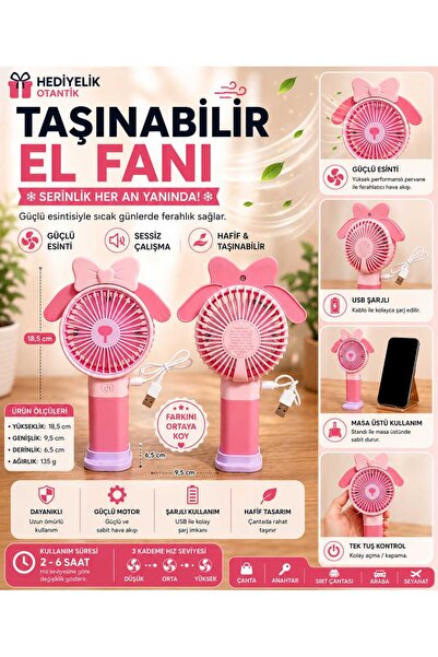 Taşınabilir Şarjlı El Ve Masa Üstü Mini Fan Vantilatör - Koyu Pembe Kurdeleli Model