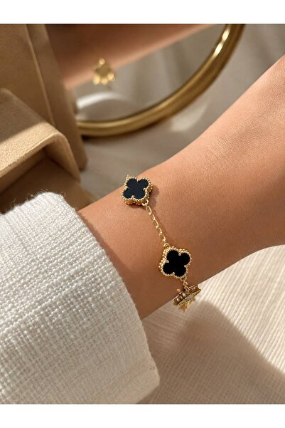 Çi & Sİ Luxury Accessory CM Siyah Oniks Mineli Yonca Gold Bileklik