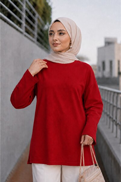 Lunfia Kalp Detaylı Yırtmaçlı Salaş Tunik - Kırmızı
