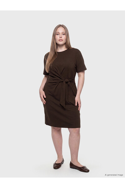LC Waikiki Trendlucky Contrast Color Oval Neck Tie-Up Drawstring Dress