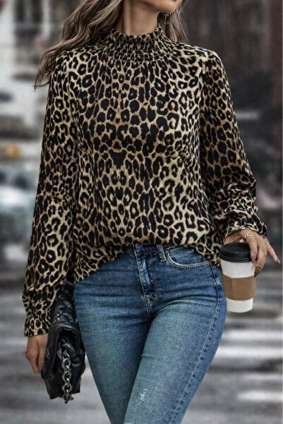 UFC 1985 TOP BRAND Women's Long Sleeve Gipe Detailed Turtleneck Leopard Patte...