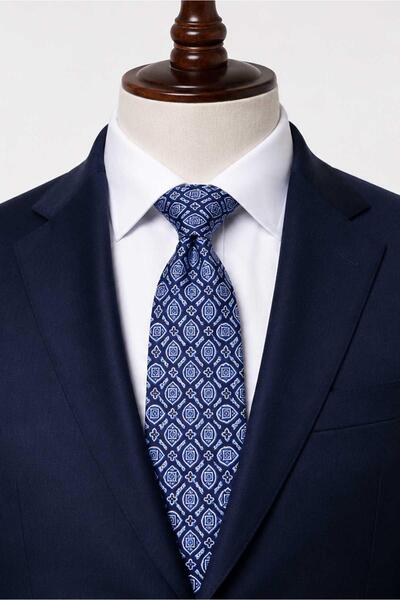 Kravatkolik Blue Motif Pattern Italian Silk Tie İk2538
