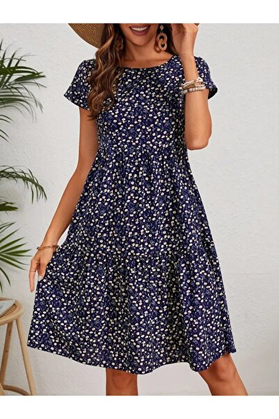 oniks store Women's Short Sleeve Crew Neck Floral Pattern Single Jersey Dress