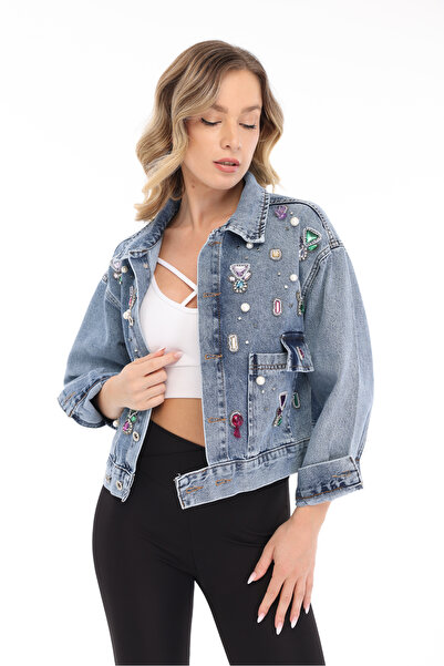 RENGARENG Women's Designer Denim Jacket with Colorful Stone and Chain Detail,...