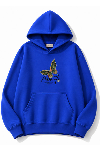herkesemoda Green Butterfly Printed Hooded 2 Thread Threaded Sweatshirt