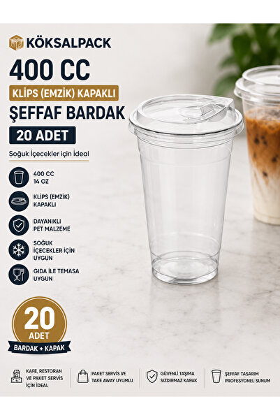 Köksal Pack KÖKSALPACK 400 CC PET Şeffaf Bardak Klips (Emzik) Kapaklı 20 Adet...