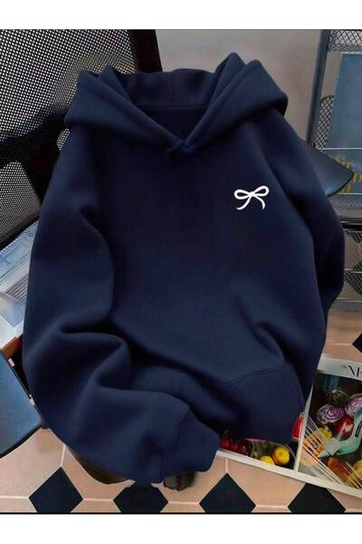 herkesemoda Ribbon Printed Hooded 2 Thread Threaded Sweatshirt