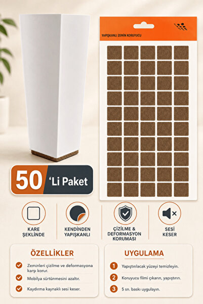 NUBLADO Kendinden Yapışkanlı Kare Keçe 20x20 mm 50'li Paket – Masa Sandalye M...