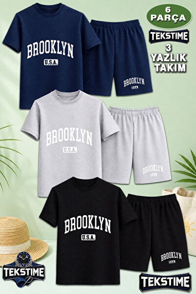 TEKSTIME Unisex Çocuk 3Lü Takım Broklyn USA Beyaz Baskılı Bisiklet Yaka Tişör...