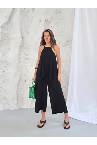 Paw Garage Women's Keys Imported Ayrobin Fabric Blouse Detailed Jumpsuit