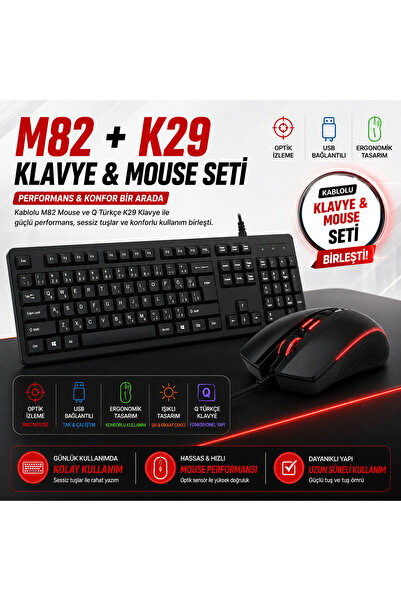 SepetteX M82 Kablolu Gaming Mouse + K29 Q Türkçe Klavye Seti USB Oyuncu Klavy...