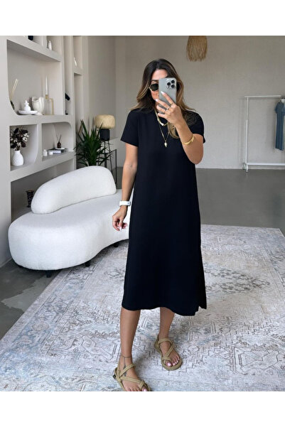 oniks store Women's Short Sleeve Slit Detailed Loose Viscose Dress
