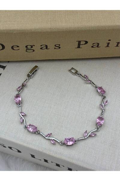 Hedef Bijuteri Silver Color Pink Zircon Stone Leaf Detailed Ivy Bracelet Cm136
