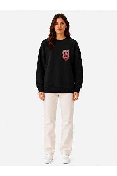 herkesemoda Character Print Detailed Embroidered 2 Thread Crew Neck Sweatshirt