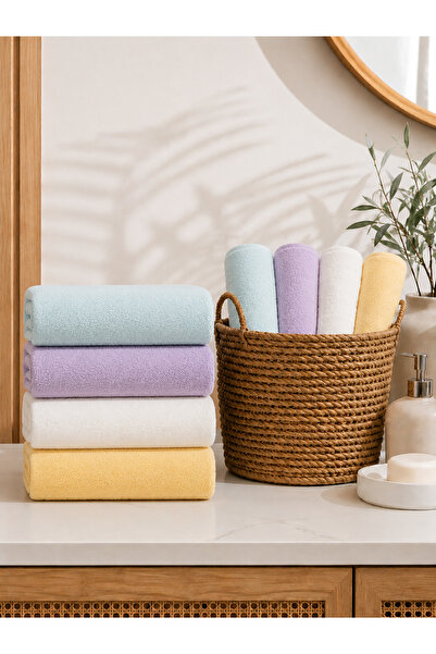 İQON 4-Piece 100% Cotton Hand-Face Towel Set Baby Blue-Lilac-White-Yellow (50...