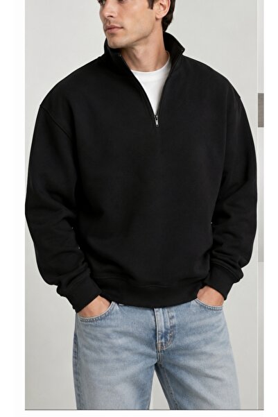 Generic Brand Sweatshirt with Soft Texture, Half Zipper, 3 Straps, Black