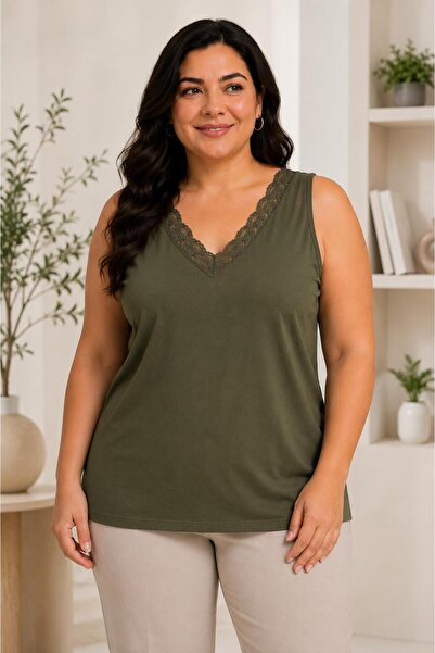 Paw Garage Women's Plus Size Casual Blouse - V-Neck Lace Detailed Undershirt