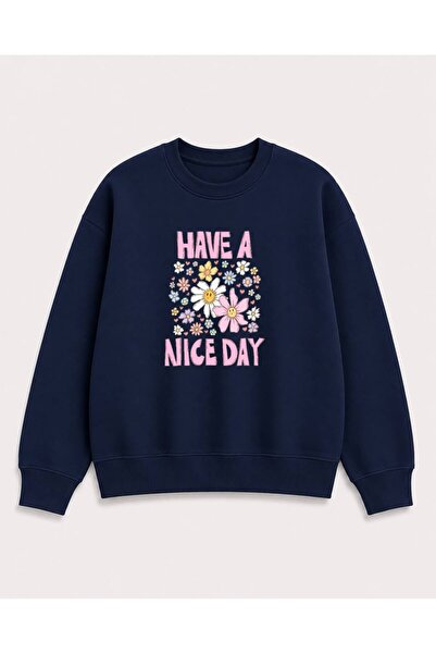 herkesemoda Emoji Flowers Printed 2 Thread Threaded Crew Neck Sweatshirt