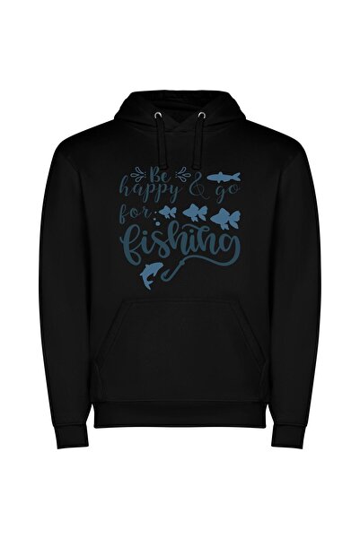 iLovePrints Fish for Happiness Φούτερ με κουκούλα σε χρώμα Μαύρο