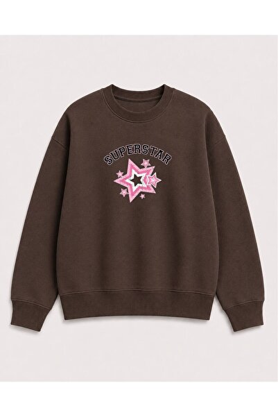 herkesemoda Hanorac cu guler rotund, cu imprimeu Superstar, din 2 fire, tip r...
