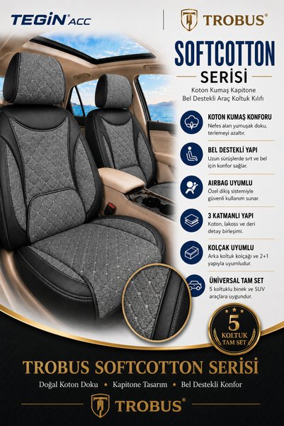 TROBUS Toyota Corolla Efsane Kasa 1993-1998 Araca Uyumlu Koton Kumaş Kapitone Bel Destekli Koltuk Kılıfı SoftCotton Serisi Füme-Siyah