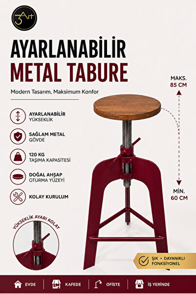 3Art Metal Dekorasyon Tic.Ltd.Şti Ayarlanabilir Bar Taburesi - Ahşap Oturaklı...