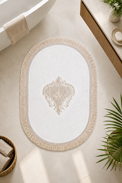 Bonny Home Lace Anti-Slip Leather Based Oval Bath Mat with Tassels Washable B...