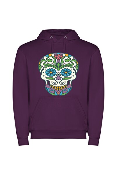iLovePrints Colorful Dia De Muertos Φούτερ με κουκούλα σε χρώμα Μωβ