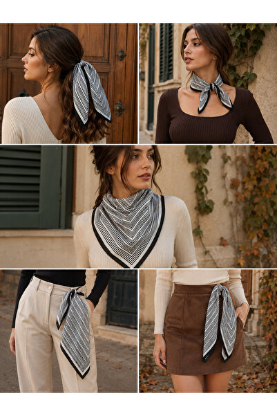 Luminos Butik Women's Ecru Stripe Patterned Cotton 70X70 Scarf Flr6016