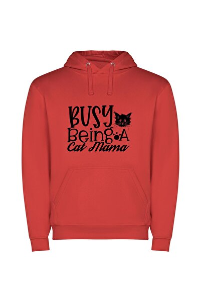 iLovePrints Purrfectly Chic Feline Fashion Φούτερ με κουκούλα σε χρώμα Κόκκινο