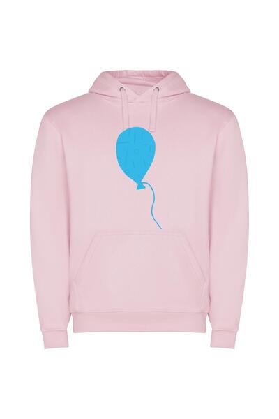 iLovePrints Floating Joy: Blue Balloon Φούτερ με κουκούλα σε χρώμα Ροζ