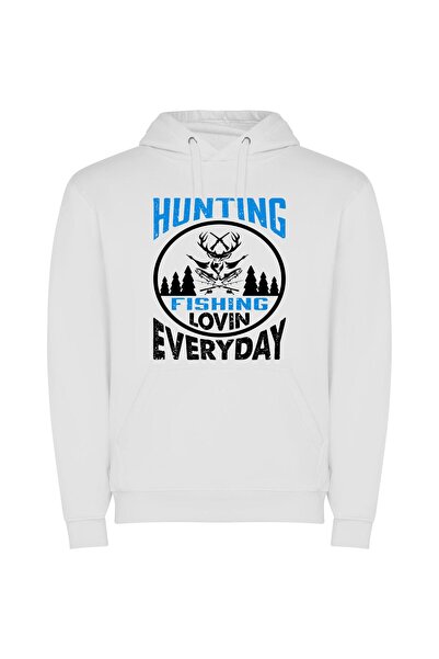 iLovePrints Outdoor Passion: Hunting, Fishing! Φούτερ με κουκούλα σε χρώμα Λευκό