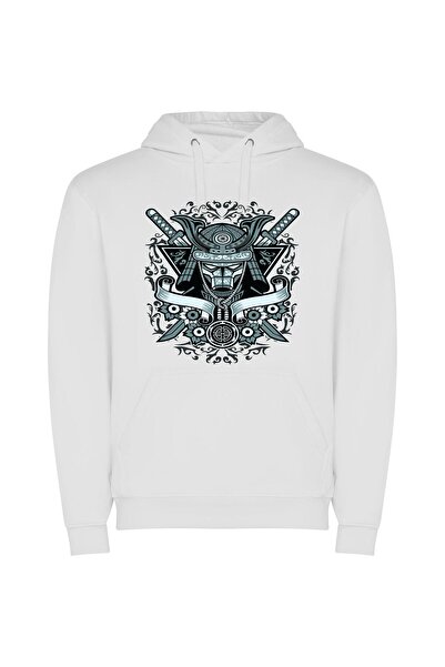 iLovePrints Masked Samurai: Inked Elegance Φούτερ με κουκούλα σε χρώμα Λευκό