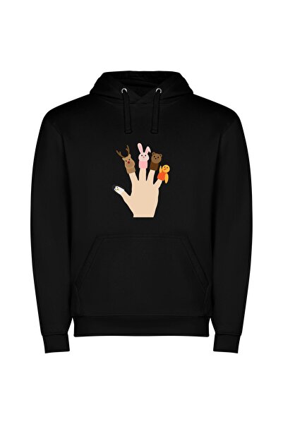iLovePrints Fanciful Animal Hand Puppets Φούτερ με κουκούλα σε χρώμα Μαύρο