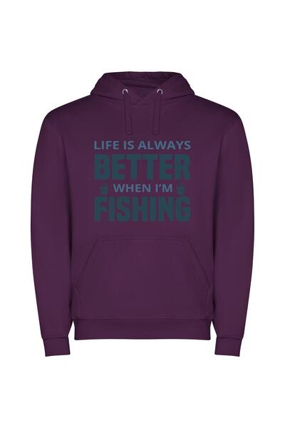 iLovePrints Fishing: Life's Bitter Bliss Φούτερ με κουκούλα σε χρώμα Μωβ