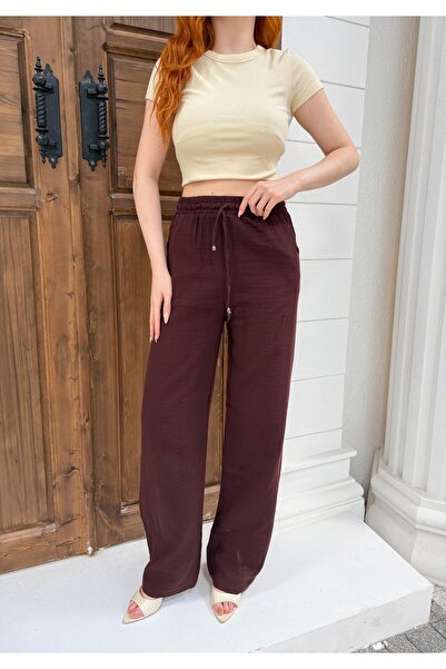 NEW JOURNAL Women's Bitter Brown High Waist Lace-Up Muslin Trousers Sr5200