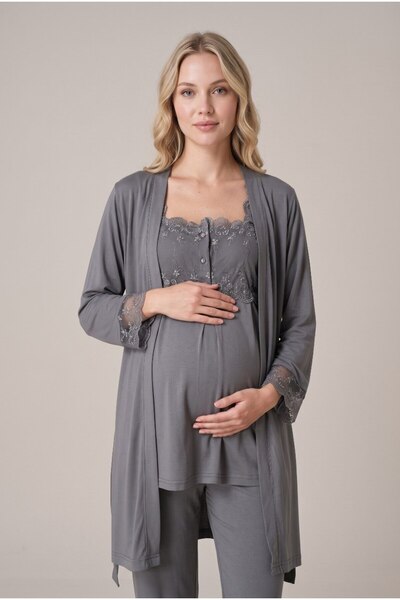 Pelin Women's Smoked Sleeveless Lace Detailed Maternity Pajama Set with Nursi...