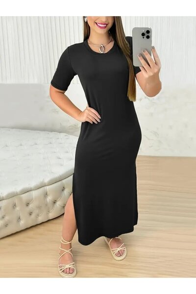 Generic Brand Women's Short Sleeve Crew Neck Side Slit Viscose Dress