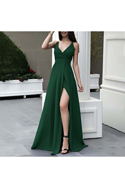 Veraura Lifestyle فستان طويل من الكريب المحلي للنساء بتفاصيل شقوق عميقة وحزام...