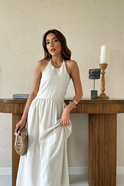 oniks store Beige Linen Dress with Gipeli Back
