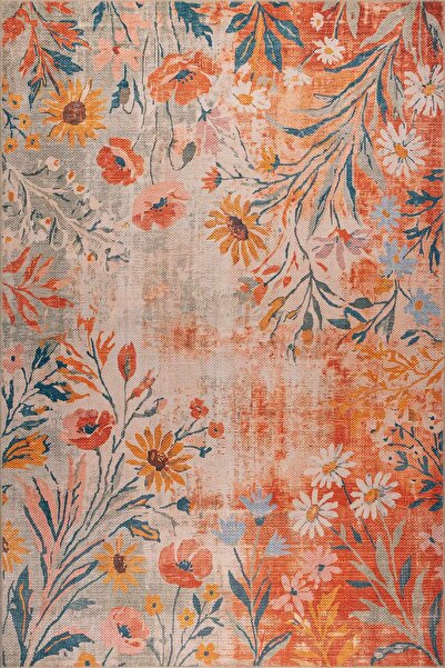 ARTLOOP Florart Turuncu Kır Çiçekli Modern Desenli Dokuma Tabanlı Şönil Halı ...